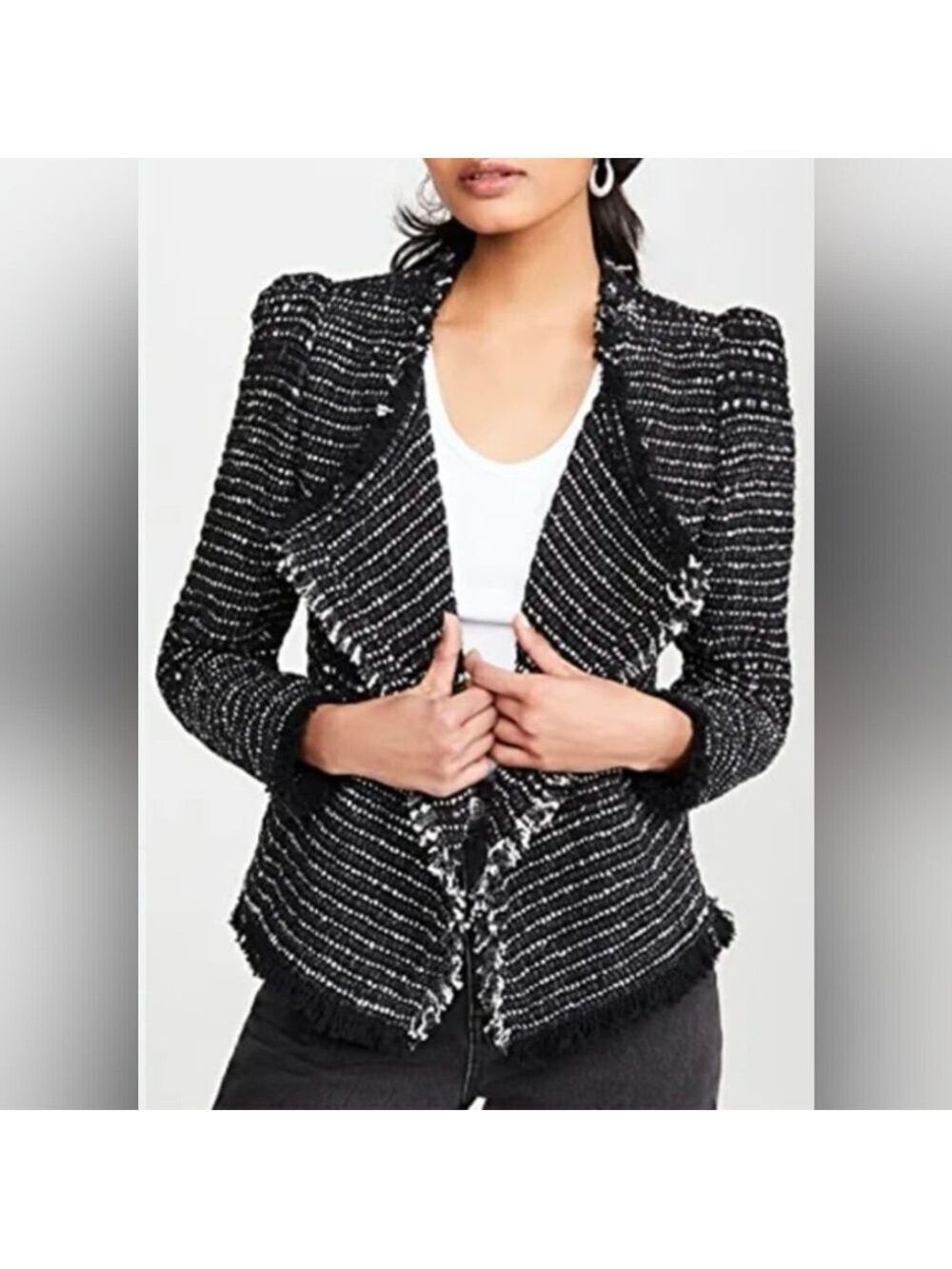 Iro Womens Diana Puff SleevesTweed Jacket Black Fringe Open  Size 38/US 6
